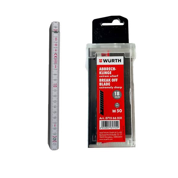 W&uuml;rth Set 50x Abbrechklinge 18mm extrem scharf schwarz Schiebespender 071566031 + Zollstock